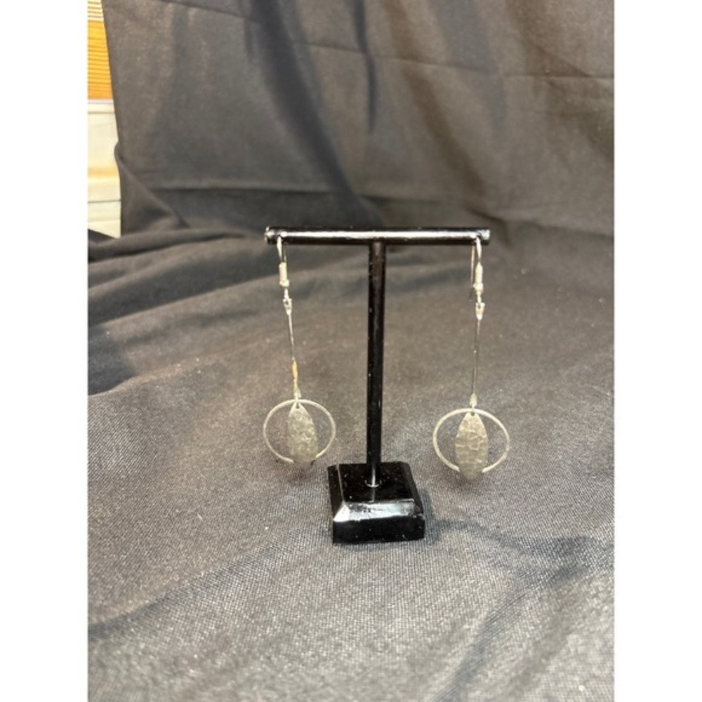 Unique Dangle‎ Earrings Silver Tone Hammered Oval Hoop Drop Statement